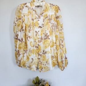 EVERNEW Yellow Floral Blouse Gold Buttons